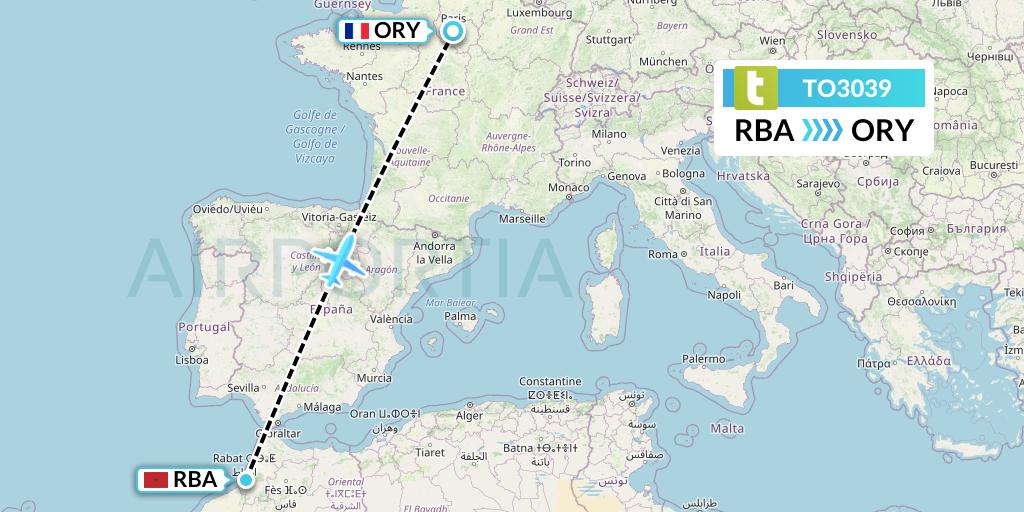 TO3039 Transavia France Flight Map: Rabat to Paris
