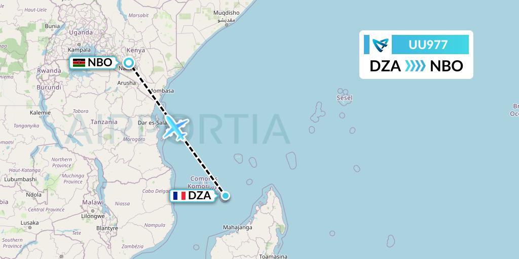 UU977 Air Austral Flight Map: Dzaoudzi to Nairobi