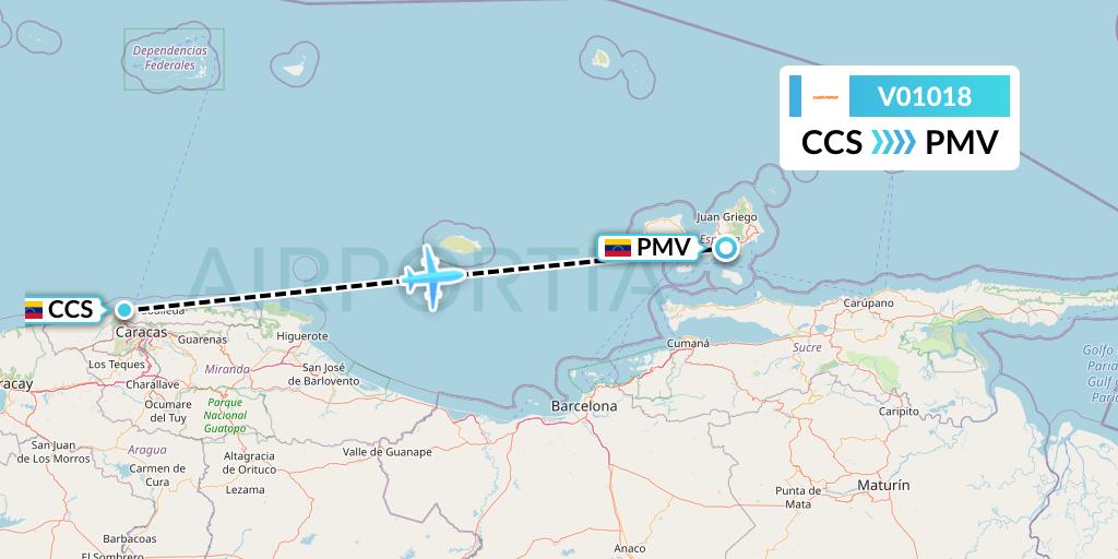 V01018 Conviasa Flight Map: Caracas to Porlamar