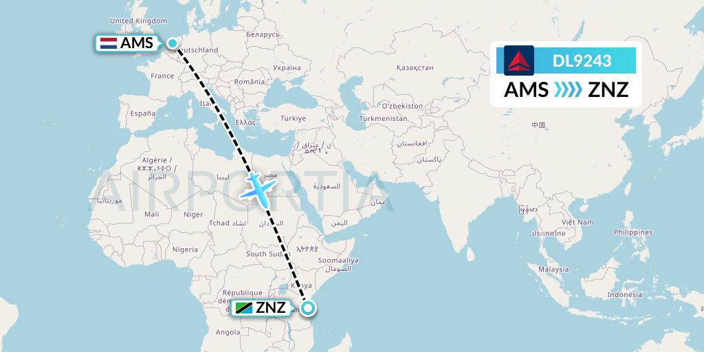 DL9243 Delta Air Lines Flight Map: Amsterdam to Zanzibar