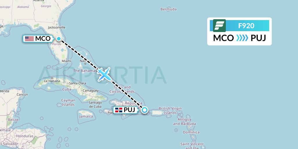 F920 Frontier Airlines Flight Map: Orlando to Punta Cana
