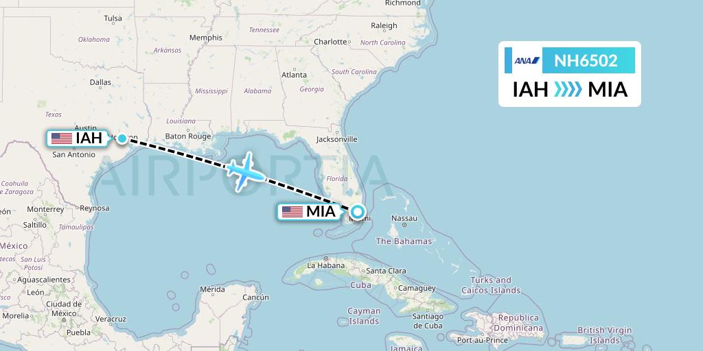 NH6502 All Nippon Airways Flight Map: Houston to Miami