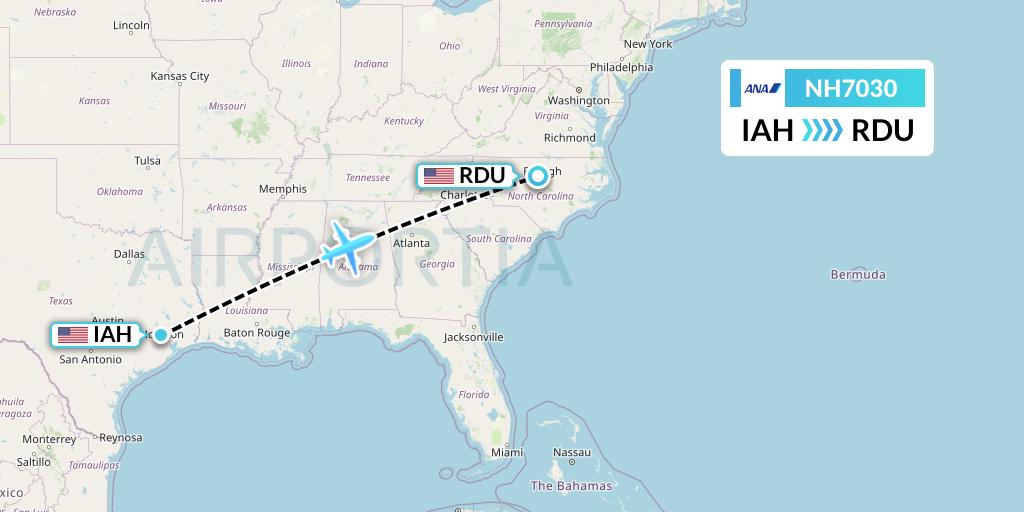 NH7030 All Nippon Airways Flight Map: Houston to Raleigh-Durham