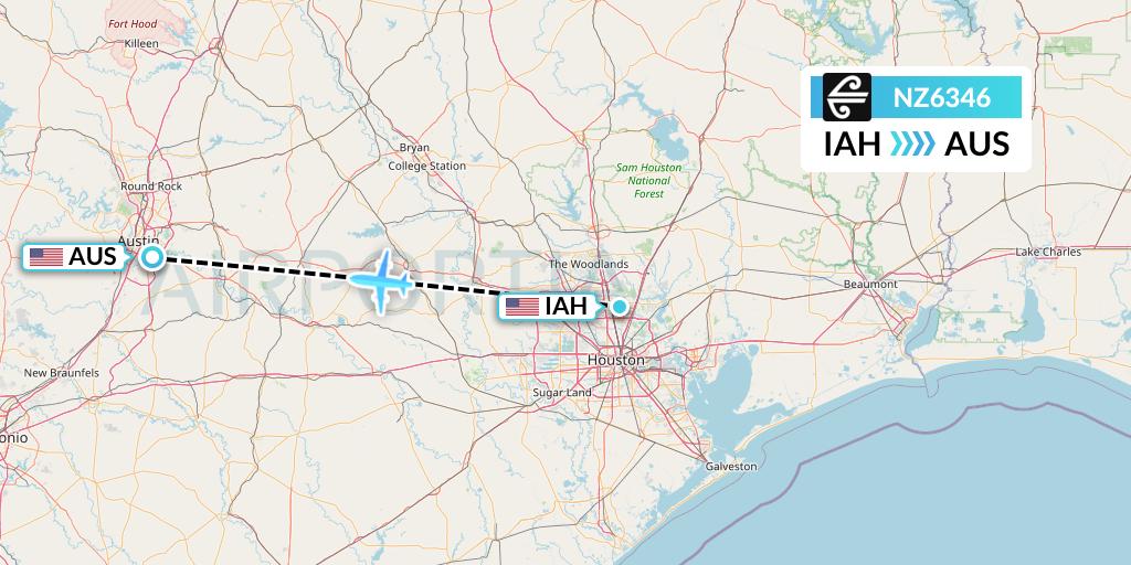 NZ6346 Air New Zealand Flight Map: Houston to Austin