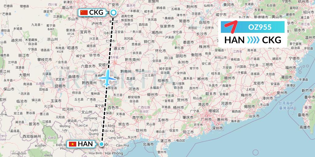 OZ955 Asiana Airlines Flight Map: Hanoi to Chongqing