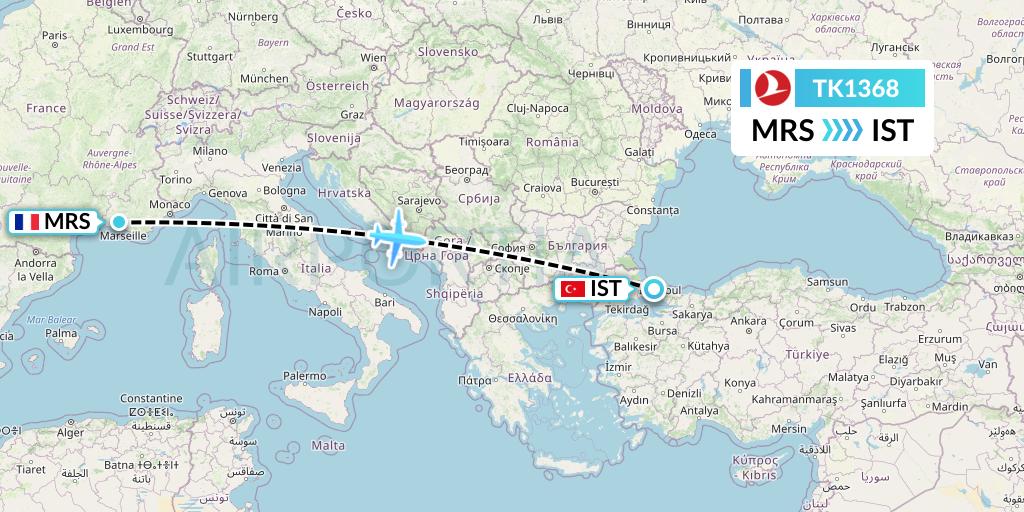 TK1368 Turkish Airlines Flight Map: Marseille to Istanbul
