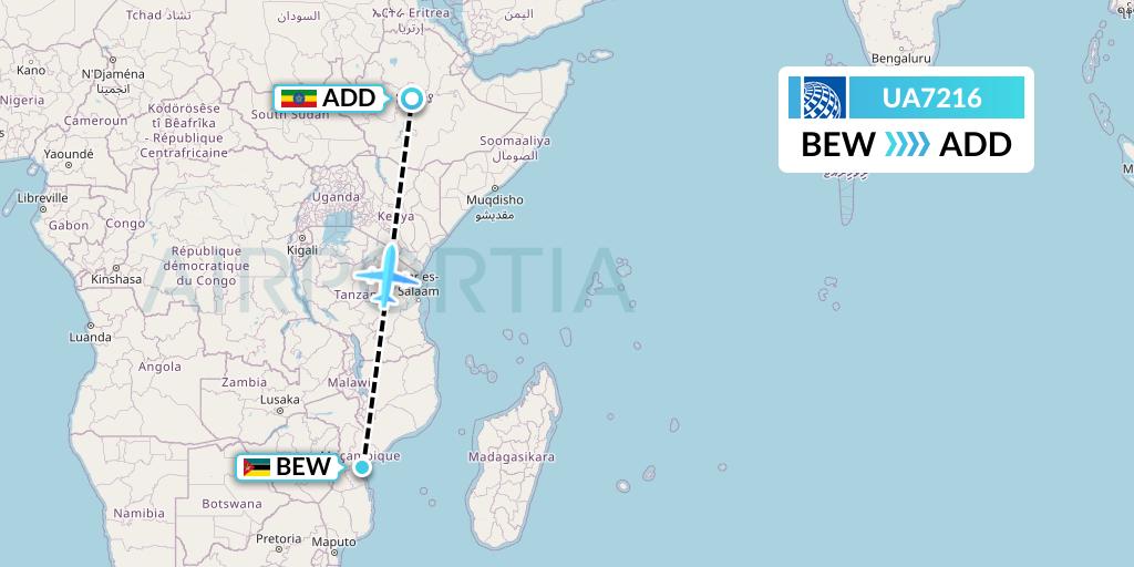 UA7216 United Airlines Flight Map: Beira to Addis Ababa