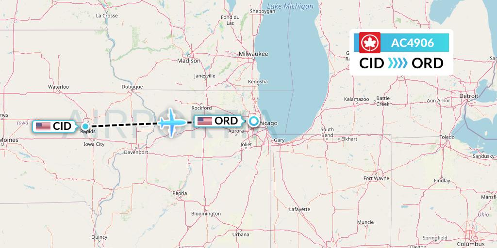 AC4906 Air Canada Flight Map: Cedar Rapids to Chicago