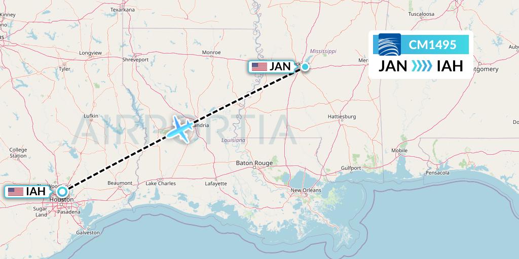 CM1495 Copa Airlines Flight Map: Jackson to Houston