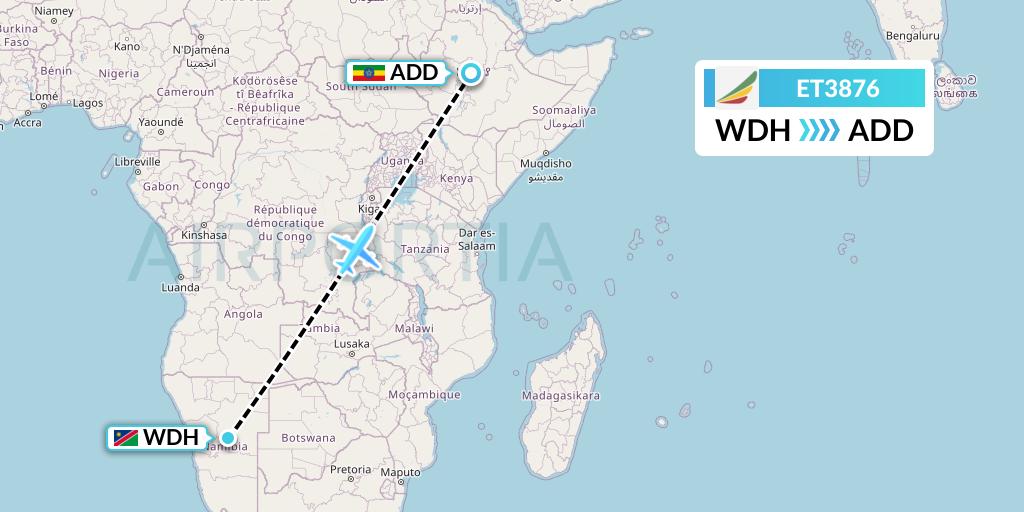 ET3876 Ethiopian Airlines Flight Map: Windhoek to Addis Ababa