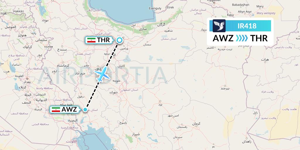 IR418 Iran Air Flight Map: Ahvaz to Tehran