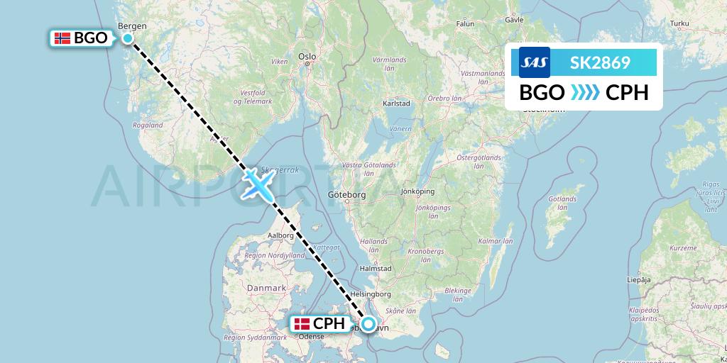SK2869 SAS Flight Map: Bergen to Copenhagen