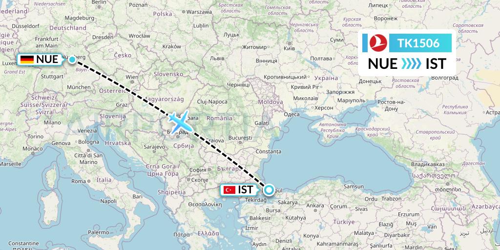 TK1506 Turkish Airlines Flight Map: Nurnberg to Istanbul