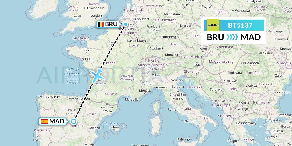 BT5137 Air Baltic Flight Map: Brussels to Madrid