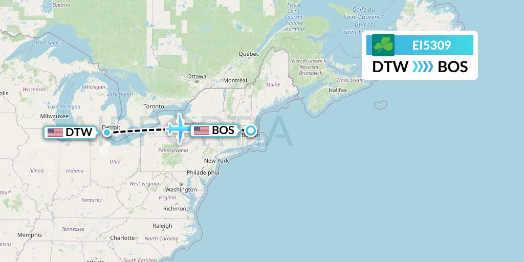 EI5309 Aer Lingus Flight Map: Detroit to Boston