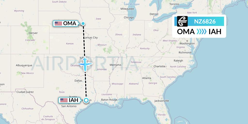 NZ6826 Air New Zealand Flight Map: Omaha to Houston