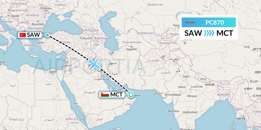 PC870 Pegasus Airlines Flight Map: Istanbul to Muscat