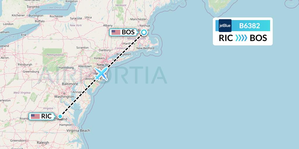 B6382 JetBlue Airways Flight Map: Richmond to Boston
