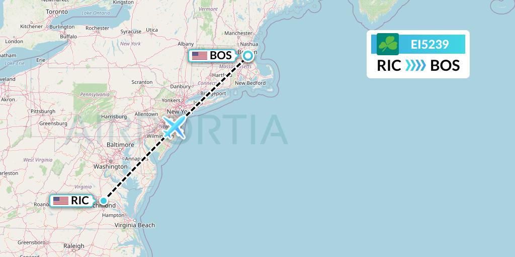 EI5239 Aer Lingus Flight Map: Richmond to Boston