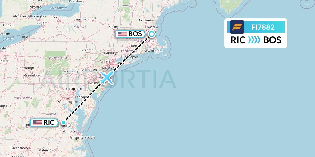 FI7882 Icelandair Flight Map: Richmond to Boston
