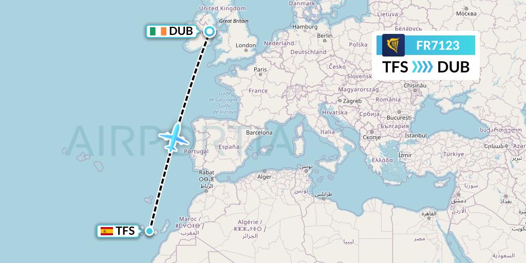 FR7123 Ryanair Flight Map: Tenerife to Dublin