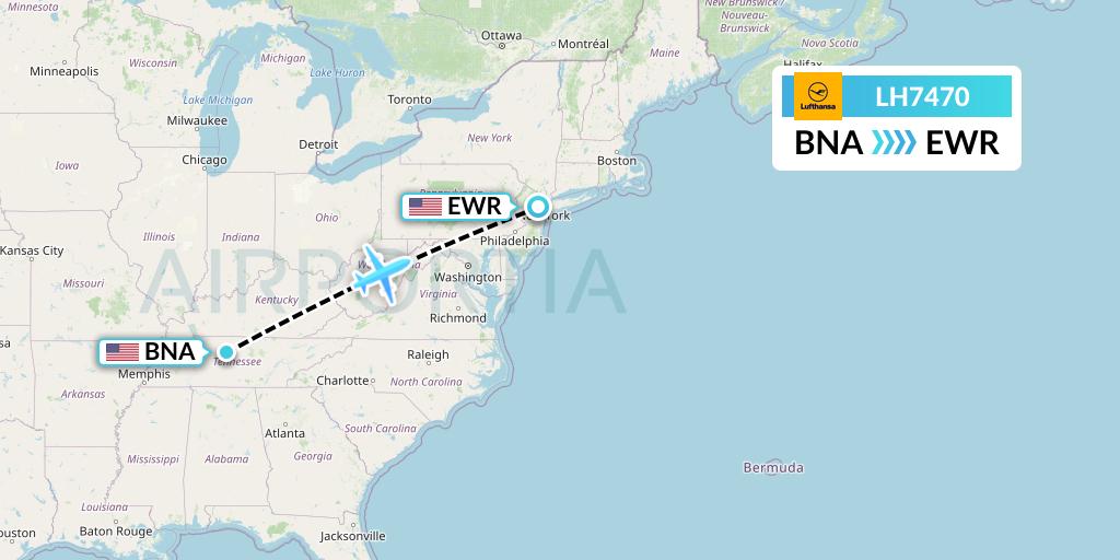 LH7470 Lufthansa Flight Map: Nashville to New York