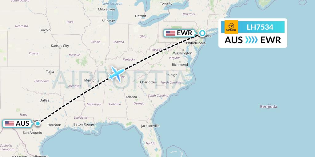 LH7534 Lufthansa Flight Map: Austin to New York
