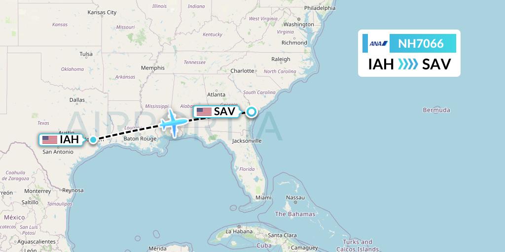 NH7066 All Nippon Airways Flight Map: Houston to Savannah