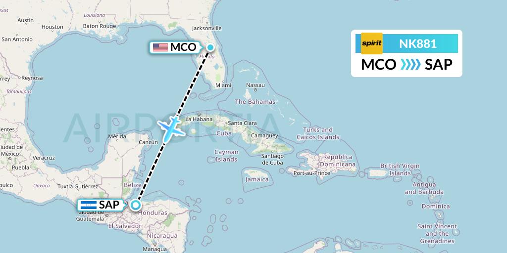 NK881 Spirit Airlines Flight Map: Orlando to San Pedro Sula