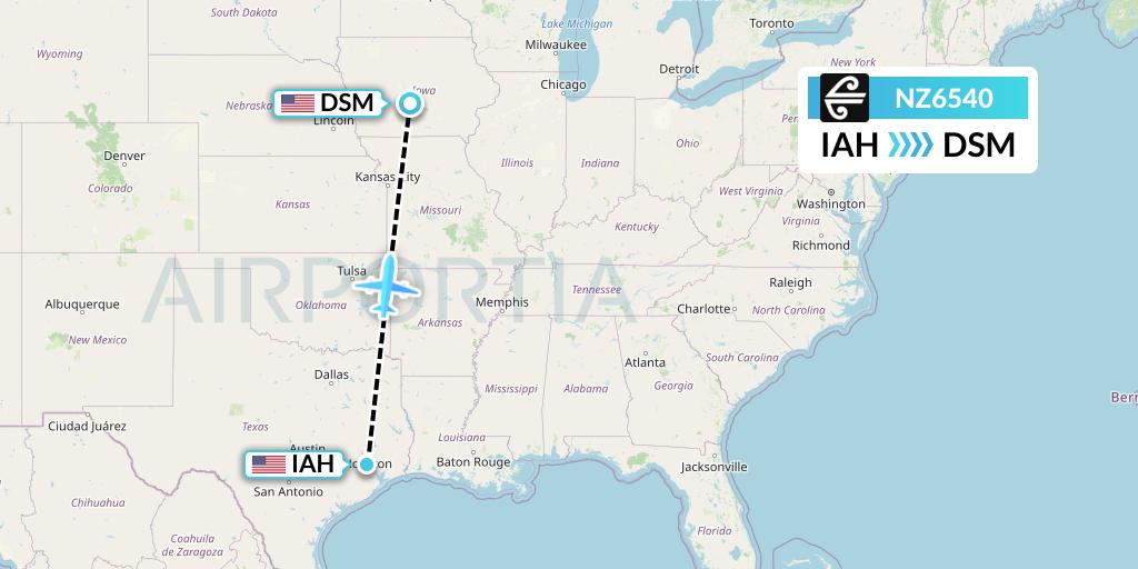 NZ6540 Air New Zealand Flight Map: Houston to Des Moines