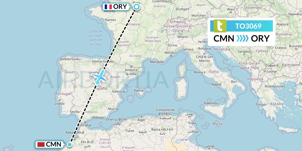 TO3069 Transavia France Flight Map: Casablanca to Paris