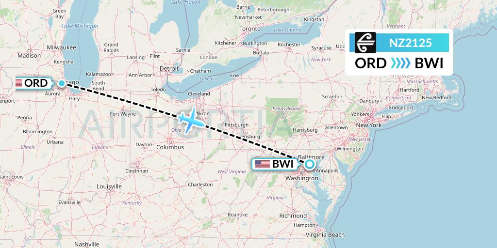 NZ2125 Air New Zealand Flight Map: Chicago to Baltimore