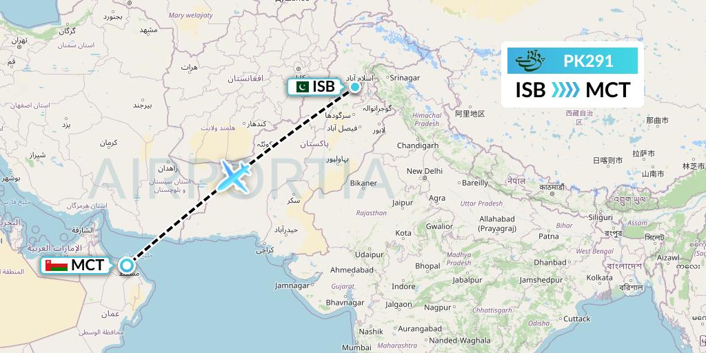 PK291 Pakistan International Airlines Flight Map: Islamabad to Muscat