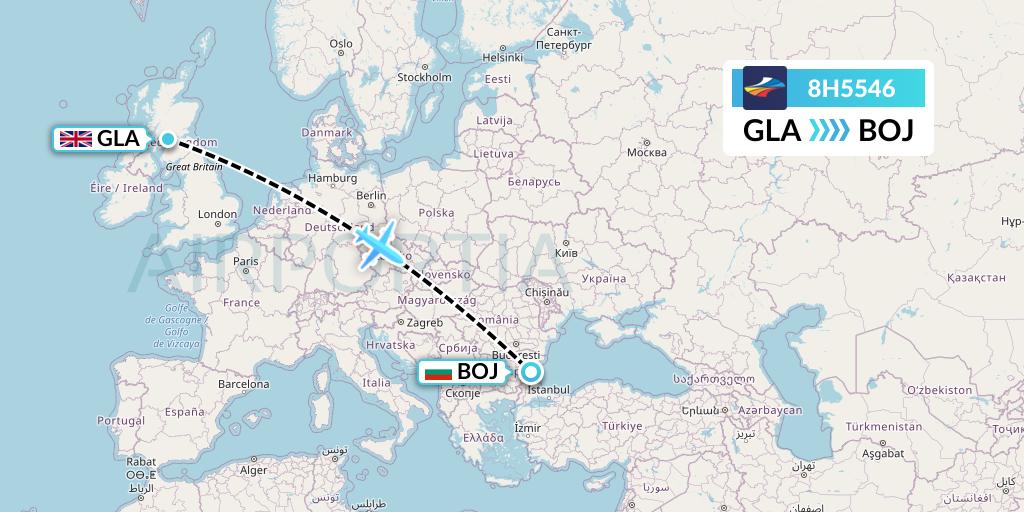 8H5546 BH Air Flight Map: Glasgow to Burgas