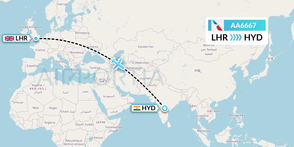 AA6667 American Airlines Flight Map: London to Hyderabad