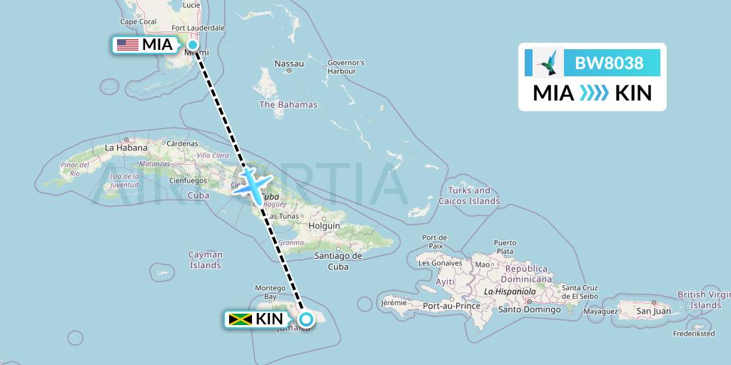 BW8038 Caribbean Airlines Flight Map: Miami to Kingston