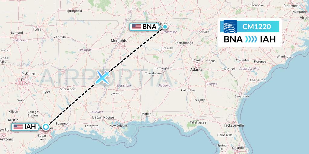 CM1220 Copa Airlines Flight Map: Nashville to Houston
