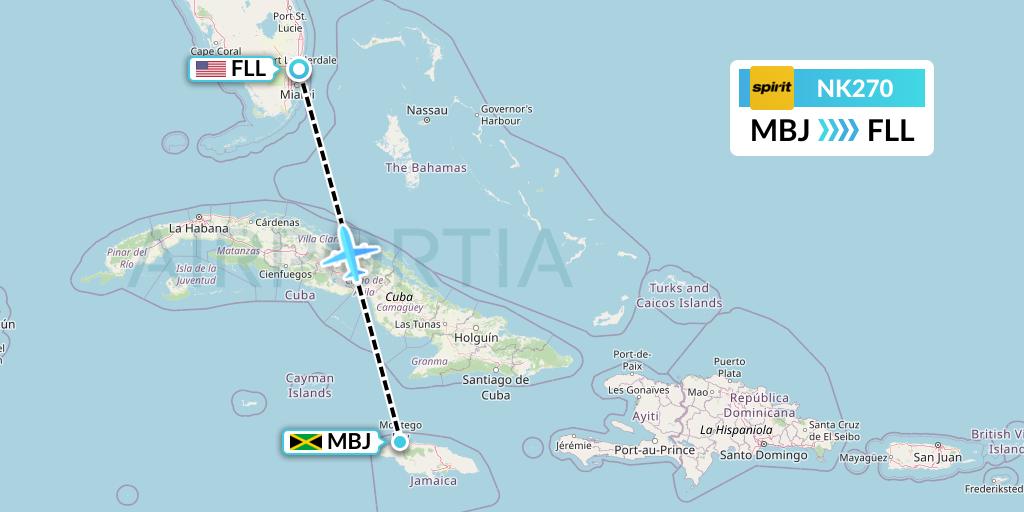 NK270 Spirit Airlines Flight Map: Montego Bay to Fort Lauderdale