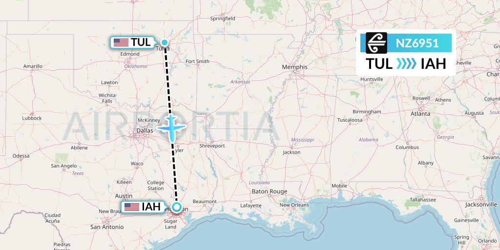 NZ6951 Air New Zealand Flight Map: Tulsa to Houston