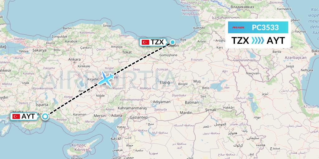 PC3533 Pegasus Airlines Flight Map: Trabzon to Antalya
