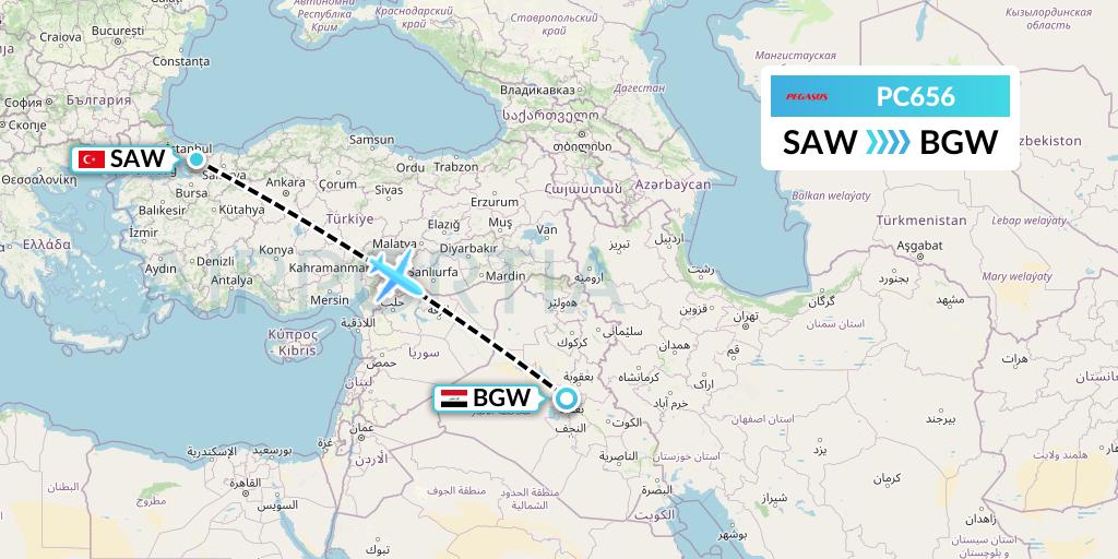 PC656 Pegasus Airlines Flight Map: Istanbul to Baghdad