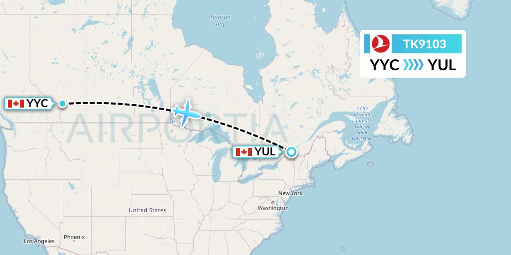 TK9103 Turkish Airlines Flight Map: Calgary to Montreal