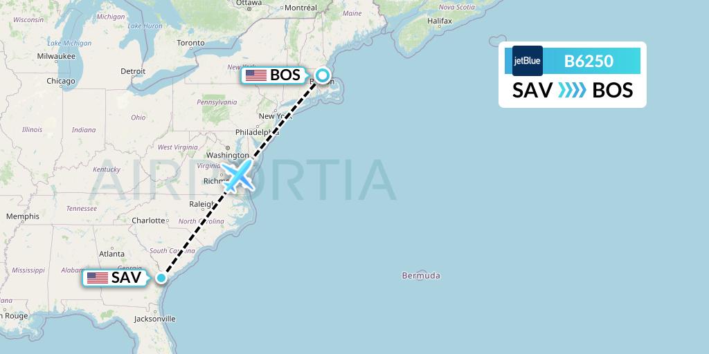 B6250 JetBlue Airways Flight Map: Savannah to Boston