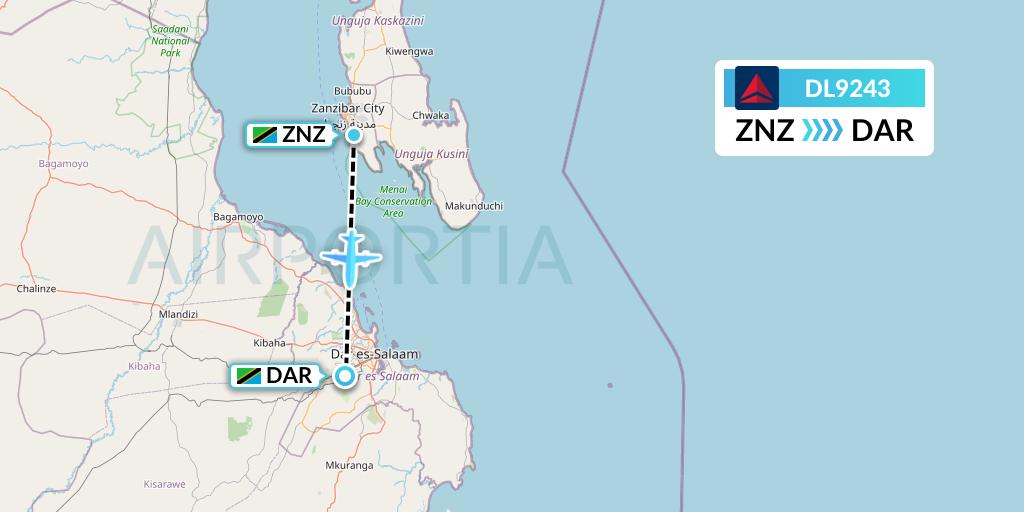 DL9243 Delta Air Lines Flight Map: Zanzibar to Dar-es-Salaam