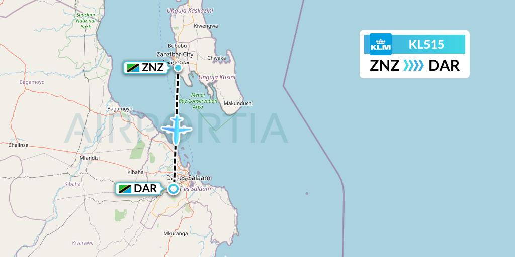 KL515 KLM Flight Map: Zanzibar to Dar-es-Salaam
