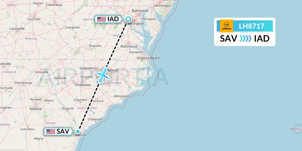 LH8717 Lufthansa Flight Map: Savannah to Washington