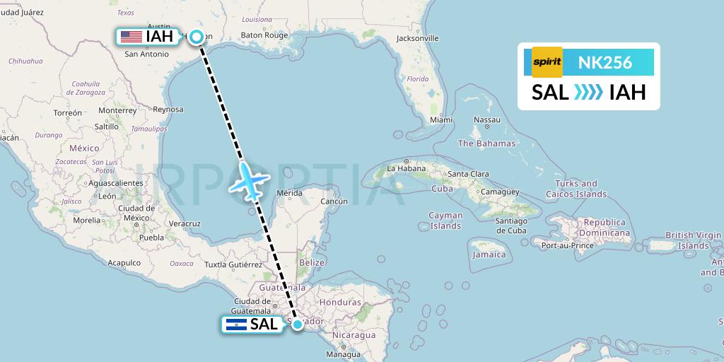 NK256 Spirit Airlines Flight Map: San Salvador to Houston