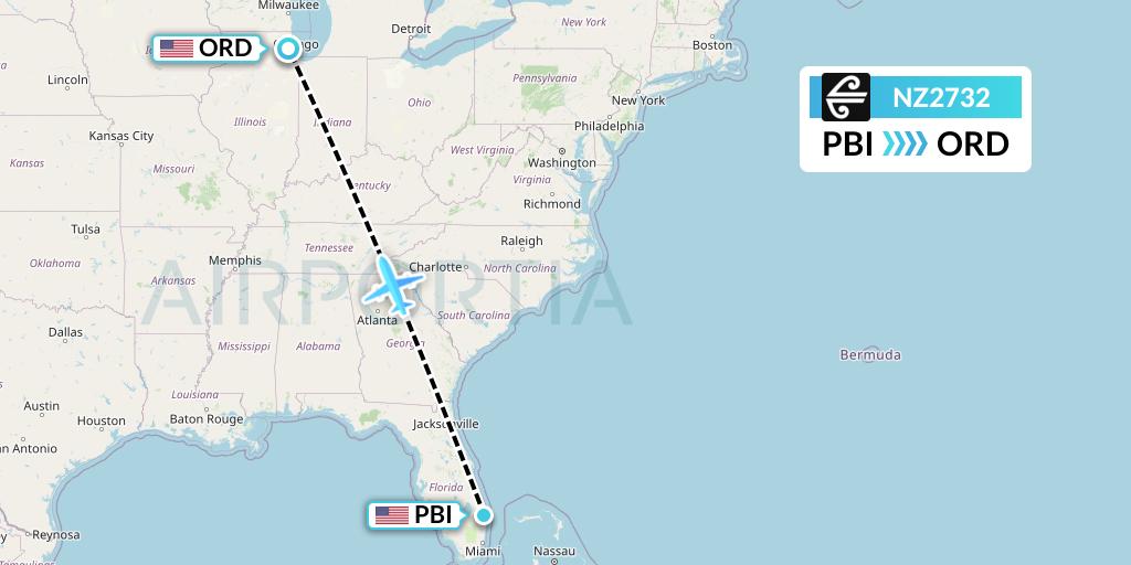 NZ2732 Air New Zealand Flight Map: West Palm Beach to Chicago