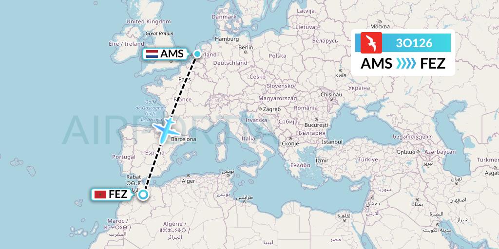 3O126 Air Arabia Maroc Flight Map: Amsterdam to Fes