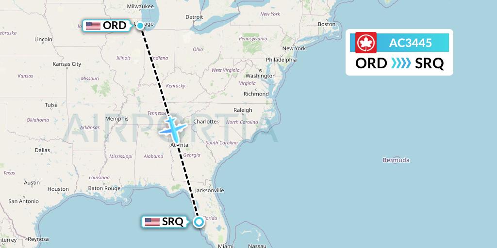 AC3445 Air Canada Flight Map: Chicago to Sarasota